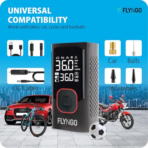 Image of FLYNGO 2-in-1 Tyre Inflator for Car and Bike, 150 PSI Wireless & Wired (4000mAh or 12V DC) Portable Air Compressor Pump with Type C Port, Digital Display, Power Bank, LED Flash Light (FL-CTIP-1)