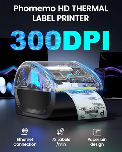 Image of Phomemo Ethernet Thermal Label Printer 4x6, Bluetooth Shipping Label Printer for Small Business, Home, Office, 300DPI Wireless Thermal Printers Compatible with Ethernet /Bluetooth /USB, Etsy, USPS
