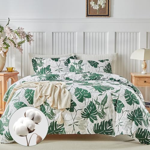Lekesky100% Cotton Duvet Cover Set Double Bedding Set Green Bedding - Tropical Palm Leaf Print Double Duvet Set (1x Quilt Cover, 2x Pillowcases) 200Thread Cotton Bedding 200x200 cm, Palm Leaf