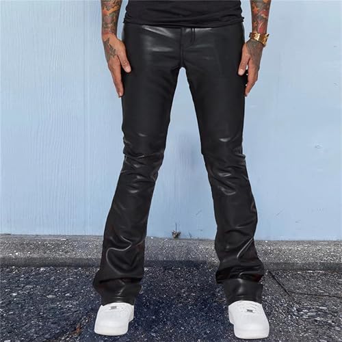 Men's Pu Leather Pants High Waist Flare Leg Long Pants with Pockets Casual Straight Leg PU Faux Leather Slim Fit Pants2