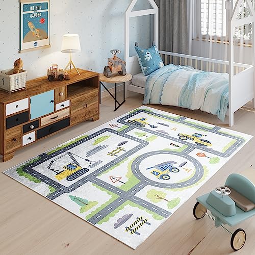 TAPISO Emma Teppich Waschbar bei 30 Grad Bunt Straße Verkehr Baustelle bedruckter Kinderteppich...