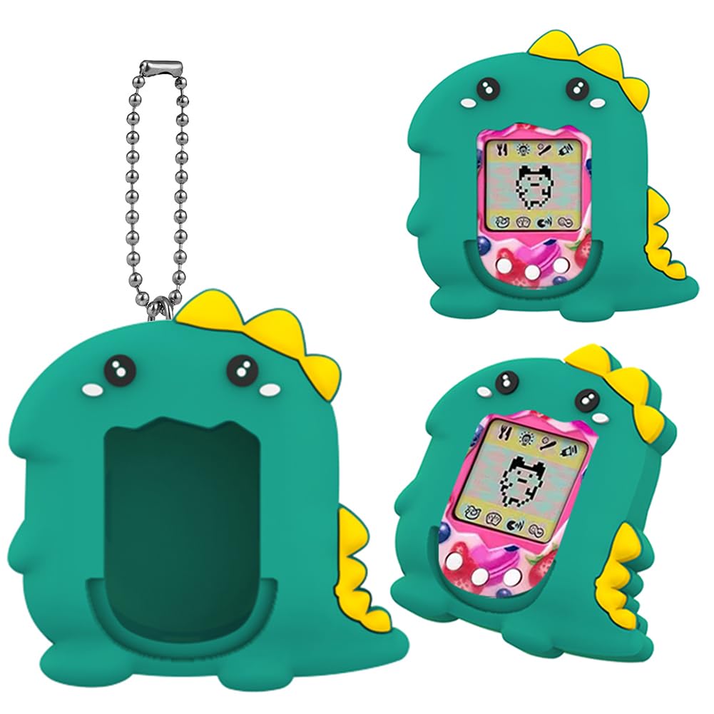 Fiorky Silicone Case for Tamagotchi Original, Shockproof Anti-Scratch Protective Sleeve with Lanyard, Green Dinosaur Theme