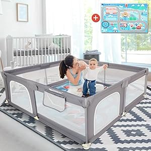 Baby Playpen with Mat, Large Playpen For Babies and Toddlers, 71″L x 59″W x 25.5″D Baby Fence Play Area with Playmat, 360° Visible Playard for Baby, Indoor Extra Large Baby Playpen for Infants Age 1-3