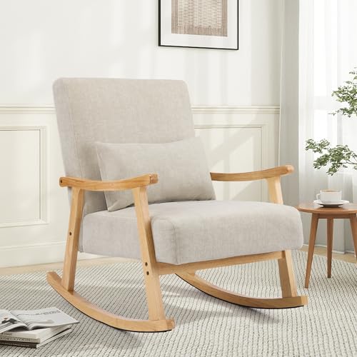 Image of SAETSFEG Rocking Chair for Nursery with Lumbar Pillow, Upholstered Accent Chair with Solid Rubberwood Frame, Living Room & Bedroom, Cozy Reading Chair for Small Spaces, Lightgrey