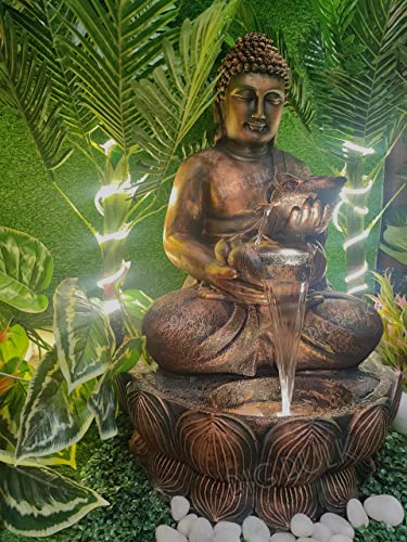 Image of Big Kamal White Buddha Fiber Indoor Outdoor Fountain with Led Lights for Home Decor and Office Decoration Or Gifting (53 x 42 x 84) (Lotus Copper New)