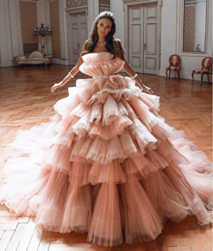 Sunnderly Puffy Ruffled Prom Dresses Long Strapless Formal Ball Gown Quinceanera Dress2