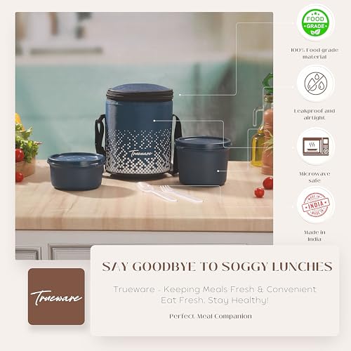 Image of Trueware Omaga Lunch Box with Insulated Fabric Jacket, 2 Microwave Safe & Leak Proof Inner Stainless Steel Containers (1 X 400ml & 1 X 500ml) Tiffin for Office, College
