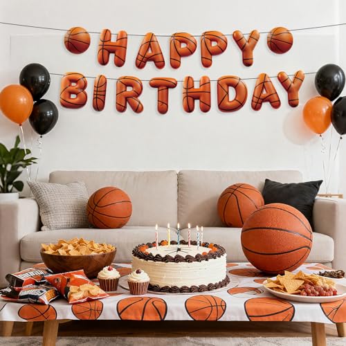 Image of Sport Birthday Banner, 3D Sport Theme Happy Birthday Banner (Basketball) | Decoration Funny Ball Themed Party Supplies Suitable for Kids Teenagers Adults