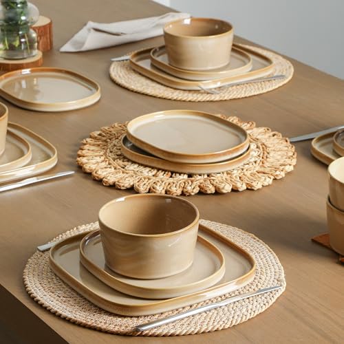 Image of Stone Lain Cairo 12-Piece Dinnerware Set Stoneware, Plates and Bowls Set, Microwave and Dishwasher Safe, Includes Dinner and Salad Plates, Cereal Bowls, Dishes for 4, Sand