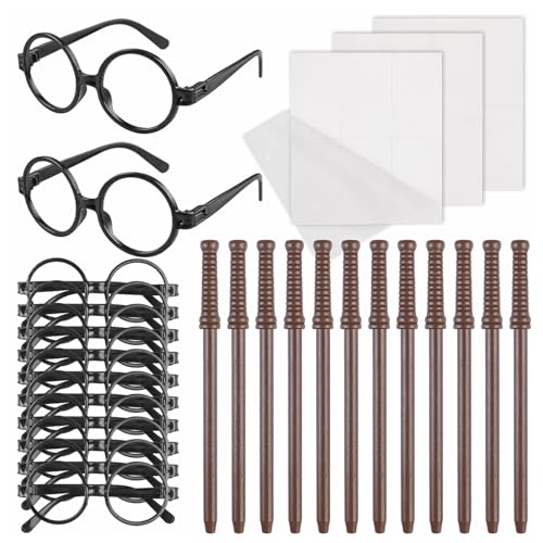 Leikurvo Lot de 42 accessoires de fête magiciens : 12 crayons à baguette magique + 12 cadres ronds sans verres + 18 tatouages flash, convient pour les fêtes à thème magique, la décoration de cadeaux