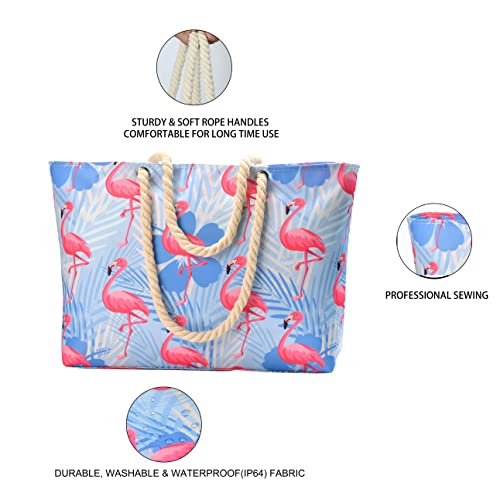 KUAK Beach Bags for Women, Beach Bag Waterproof Sandproof with Top Zipper, 3 Inner Pockets, Rope Handles, Extra Large Beach Tote Bag3