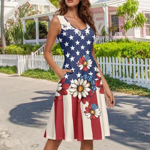 Image of Women's Casual Loose Sundress Midi Sleeveless Crewneck Dress Summer Beach Tank Dress with Pockets