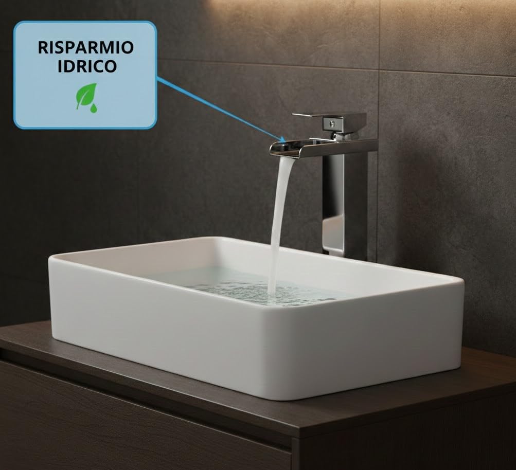 Miscelatore Monocomando a Cascata Alto per Lavabo, Rubinetto Bagno Moderno in Acciaio Cromato, Design Squadrato con Aeratore Anticalcare e Risparmio Idrico, Altezza 320mm