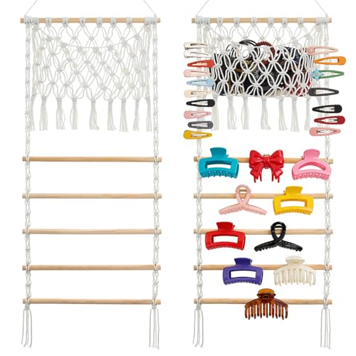 Organizador de grampo de cabelo e faixa de cabeça, suporte de grampo de cabelo para pendurar na parede/porta com bolso de malha para laços de cabelo, tiaras, organizador decorativo de acessórios de