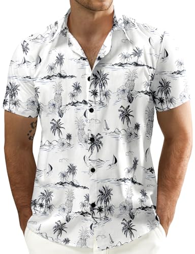 JOGAL Men's Flower Cotton Button Down Short Sleeve Hawaiian Shirt