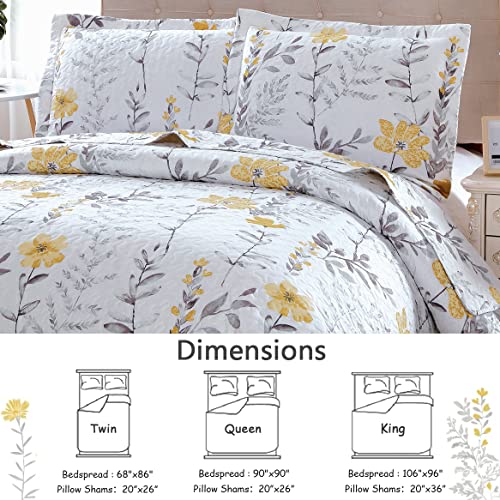 3 Pcs Twin Size Flower Bedding Quilt Set Lightweight Summer Bedspread Floral Daybed Cover Yellow White Plant Vintage Garden Coverlet Blanket,68X86 With 2 Standard Pillow Shams #TOP4