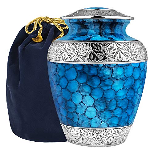 blue urn for adult - Forever Remembered Classic and Beautiful Blue Adult Cremation Urn for Human Ashes - an Elegant Large Urn with a Warm, Comforting Classy Finish to Honor Your Loved One - with Velvet Bag