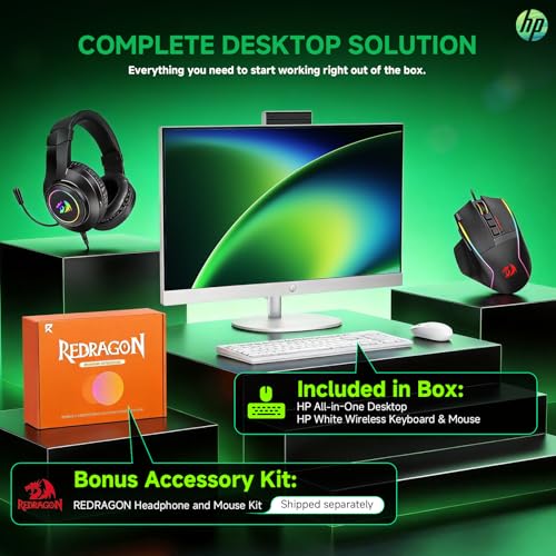 Image of HP All in One Desktop Computer 27 Inch, AMD Ryzen 5 7520U, AMD Radeon Graphics, 16GB DDR5, 2TB SSD, FHD (1920 x 1080) Anti-glare Touchscreen, Wi-Fi 6, Windows 11 Pro, Headphone and Mouse Accessory Kit