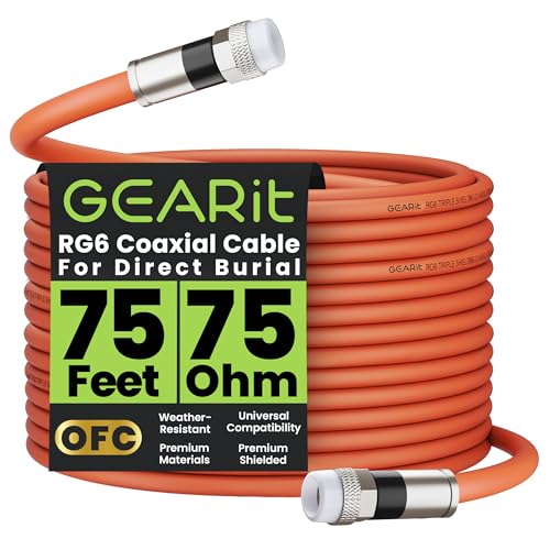 GEARit Coaxial Cable for Direct Burial (75ft) RG6 70 Ohm RF Waterproof Underground in-Wall with Rubber Boot, High-Speed Internet, Broadband, Digital TV Aerial, Satellite 75 Feet