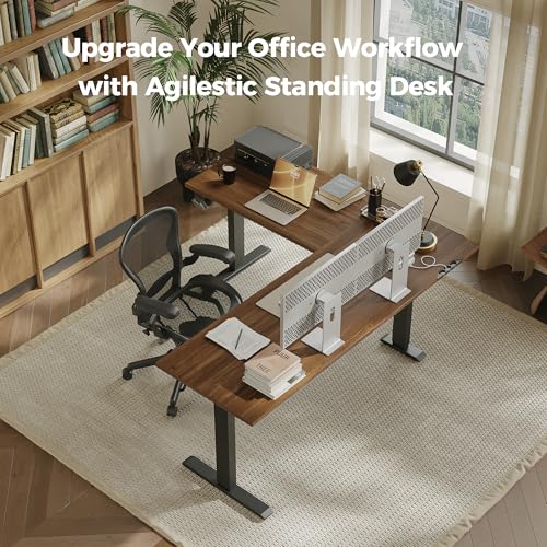 Image of Agilestic 63 x 55 Inch L Shaped Standing Desk Adjustable Height, Corner Standing Desk, Sit Stand Up Computer Table, Splice Board, Dark Walnut