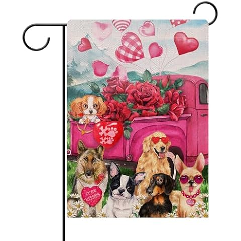Dyrenson Valentine's Day Pink Rose Flower Red Truck Dog Decorative Garden Flag, Floral House Yard Plaid Love Heart Outside Decoration, Spring Holiday Wedding Anniversary Outdoor Small Decor 12x18 Cover