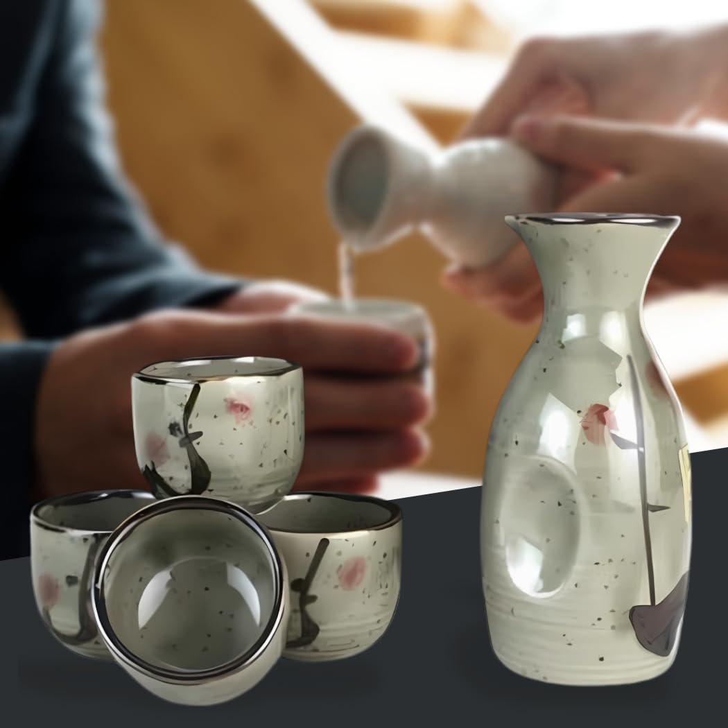JapanBargain Sake-Set Aus Porzellan, 142 Ml | Mit Karaffe & 4 Bechern, Grünes Pflaumenblüten-Design