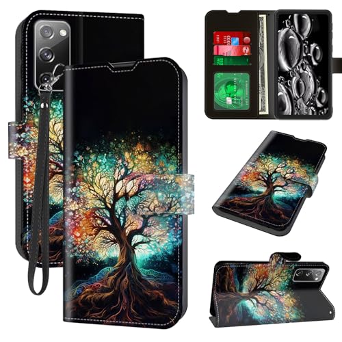 ACWDMKH for Samsung Galaxy S20 FE Case with Card Holder & Kickstand & Wrist Strap Wallet Flip Folio Leather Magnetic Protective Cover Shockproof Phone Case for Samsung S20 FE,Art Colorful Tree
