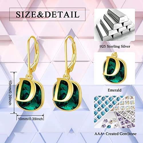 Seiyang Valentine's Day Gifts For Women Emerald Green Earrings With D Initial Letter Dangle Drop Earrings With Gold Tone Birthstone Earrings Birthday Jewelry Gifts For Women Girls Friends #TOP4