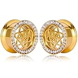 Vankula Ohr Tunnel Plugs 1 Paar Double Flared Flesh Dehner Hohl Blumenform mit zirkon Edelstahl für männer damen Ohrpiercing Dehnschmuck für Ohren 14mm(9/16) Gold