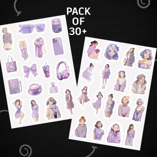 Image of Lavender Purple Aesthetic Kawaii Girl Vinyl Stickers Pack of 33 | Waterproof Lavender & Lilac Cute Fashion Decals for Laptop, Water Bottle, Journal, Scrapbook, Phone Case | Self-Adhesive Sticker Pack