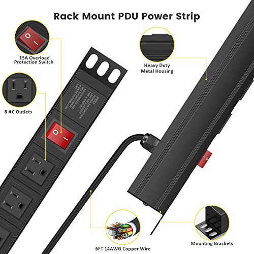 8 Outlet Metal Power Strip, Wide Spaced Power Strip Surge Protector, 1U Rack Mount Power Strip For Network Server Racks, 6Ft Extension Cord, Etl Listed, Black #TOP1
