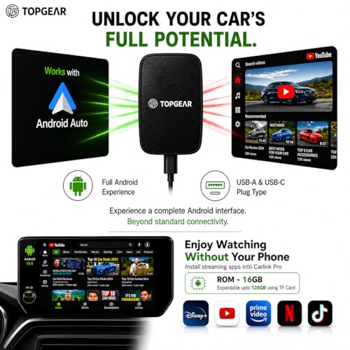 Image of TOPGEAR Ai Box for AA | Carlink | Android Converter | Picasso | Smart Car Media Box | for Wired Android Auto Cars Only | 16GB Storage | Plug & Play AA Protocol Adapter | Upgrade Your Car Infotainment