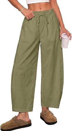 Tankaneo Womens Baggy Barrel Pants High Waist Wide Leg Cropped Trousers