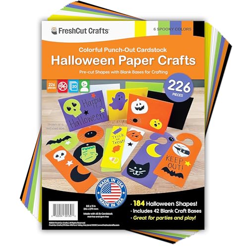 226 Pieces Halloween Punch Out Paper Craft Kit, 2-Sided US Made Card Stock for Spooky Crafts, Cupcake Toppers, Cards, Gift Tags, Door Hangers, Play Date Halloween Party Crafts for Kids