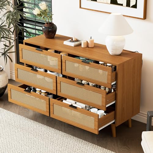 Pangshiyuan Cómoda con 6 cajones, armario con cajones de madera con frente de ratán y asas de metal, aparador para dormitorio, salón, oficina, aspecto de nogal, 120 x 40 x 76,5 cm