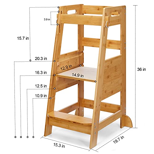 Toetol Bamboo Toddler Step Stool Natural Toddler Kitchen Standing Learning Stool 3 Height Adjustable Helper Tower Toddler Stool For Kitchen Counter With Non-Slip Mat #TOP3