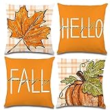 YUJUN 4 PCS Fall Pillow Covers Decoration,20x20in Buffalo Plaid Farmhouse Pumpkin Maple Leaves Thanksgiving Fall Throw Pillows Cushion Case Couch Decor for Autumn Home Outdoor Decorations