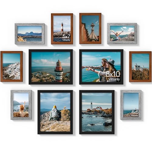 Image of Vittanly 12 Pack Picture Frames Collage Wall Decor for Mounting or Tabletop Display, Gallery Wall Frame Set for Family, Multi Sizes Including 4pcs 8x10, 4pcs 5x7, 4pcs 4x6, Black & Walnut Brown & Grey