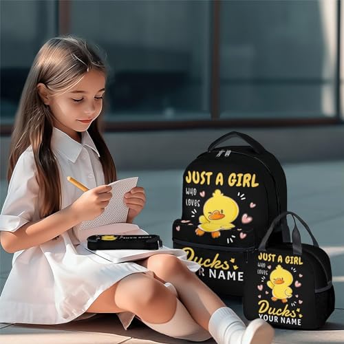 Custom Duck Kids Backpack with Lunch Box, Set of 3 School Backpacks Matching Combo, Cute Black Bookbag and Pencil Case Bundle2