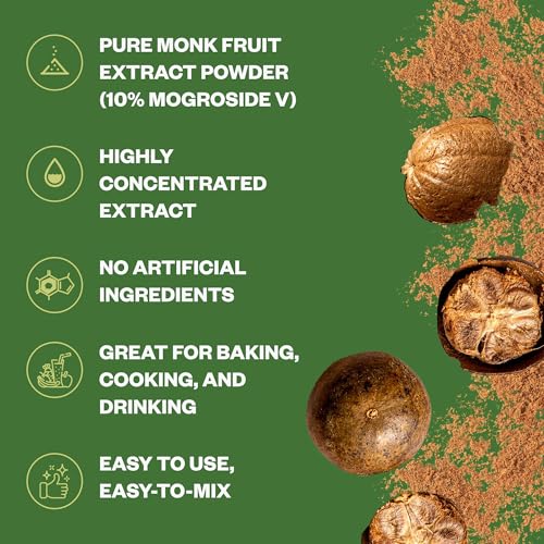 Image of Organic Monk Fruit Extract, Pure Monk Fruit Sweetener with No Erythritol, Zero Calorie Sugar Substitute, Powdered Sweetener for Keto and Paleo Diets, 370g(13oz), 1194 Servings