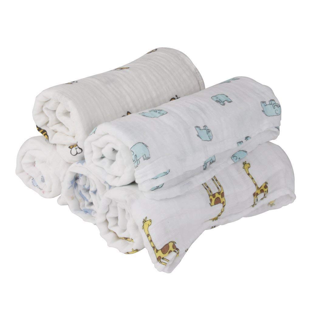 Mom's Home Organic Cotton Baby Muslin Swaddle -100X100 Cm (Pack of 5) (AnimalMix)