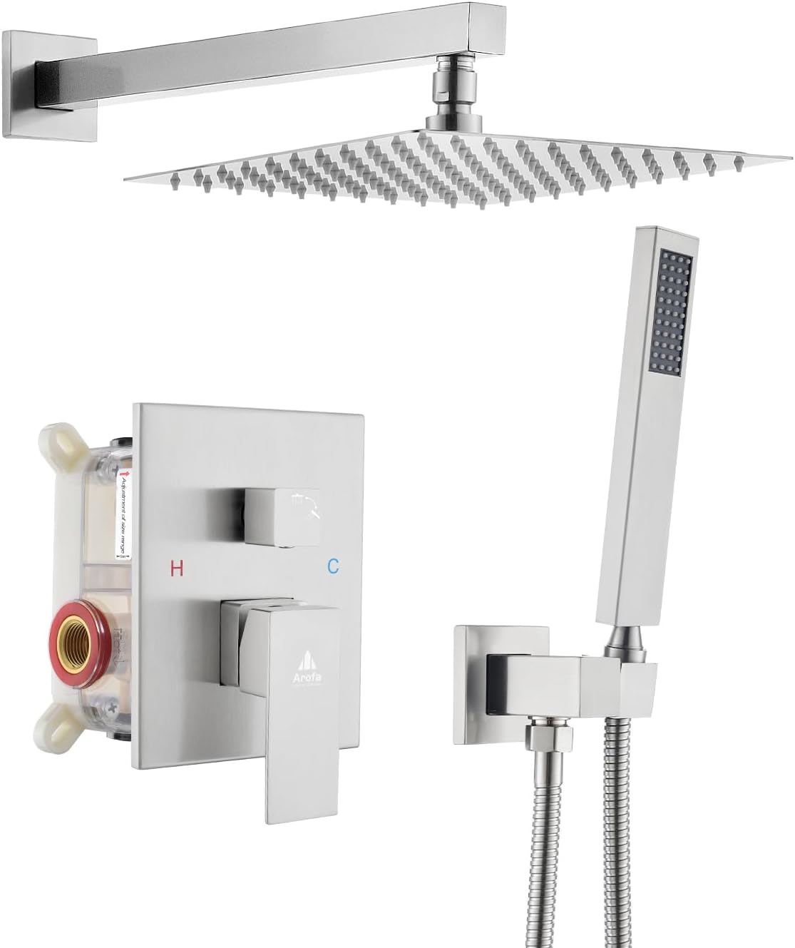 Arofa 12 Inch Shower Faucet Set, Brushed Nickel Rain Shower System Kit with Rough-in Valve High Pressure Shower Fixtures Handheld and Square Rainfall Shower Head Sets Complete Luxury Rain Mixer
