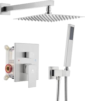 Arofa 12 Inch Shower Faucet Set, Brushed Nickel Rain Shower System Kit with Rough-in Valve High Pressure Shower Fixtures Handheld and Square Rainfall Shower Head Sets Complete Luxury Rain Mixer