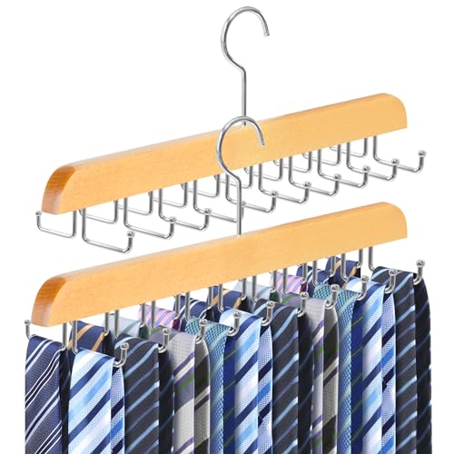Jeowoqao Tie Rack Belt Hanger for Closet,Upgraded Non Slip Tie Hanger Space Saving with 20 Foldable Hooks Wooden Belt Tie Organizer for Tank Tops Bras Cami Scarves (Wood,2 Pack)