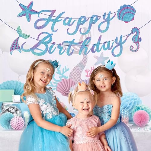 Image of Hooqict Mermaid Birthday Decorations Mermaid Happy Birthday Banner Garland Sign for Girls Baby 1st 2nd 3rd Party Banner Under The Sea Themed Party Supplies Hanging Decorations