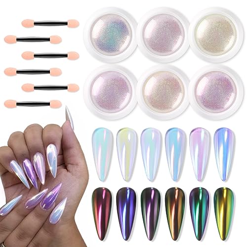 6 Jars White Unicorn Chrome Nail Powder Kit, Pearl Aurora Nail Chrome Powder Iridescent Mermaid Mirror Effect Loose Holographic Manicure Glitter for Nails Art Designs Shimmer Pink Pigment Dust