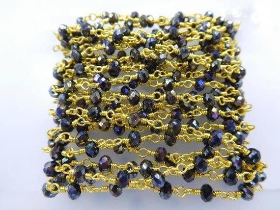 Chaîne rosaire spinelle noir 3-4mm plaqué or LKBEADS de 3 mètres