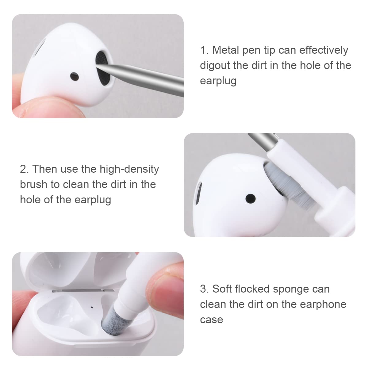 Vicloon Nettoyeur Airpods,3 in 1Kit Nettoyage pour AirPods avec Brosse en Microfibre Douce pour Écouteurs Bluetooth Appareil Photo/Port Téléphone Phone