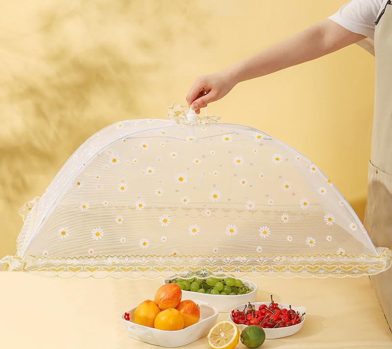 Mesh Food Cover with Flower, Reusable and Collapsible Food Net Protector Umbrella, Fine Food Net Cover for Picnics, Outdoor,Camping, BBQ (Rectangle Food Cover)