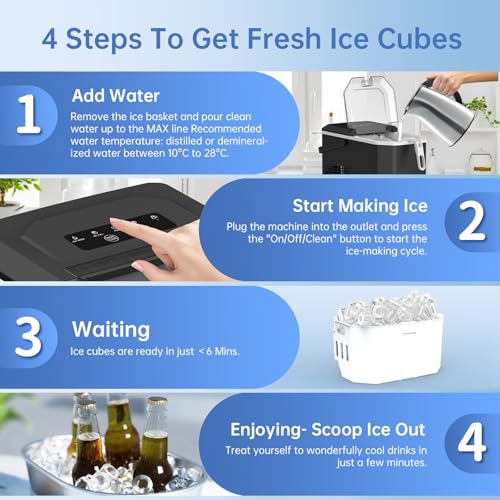 WIE Countertop Ice Maker, 26lbs/24H Portable Ice Machine with Handle,9 Bullet Ice Cubes in 6 Mins,Self-Cleaning Compact Icemaker with Selectable Ice Size for Home Kitchen/RV/Camping/Party, Black